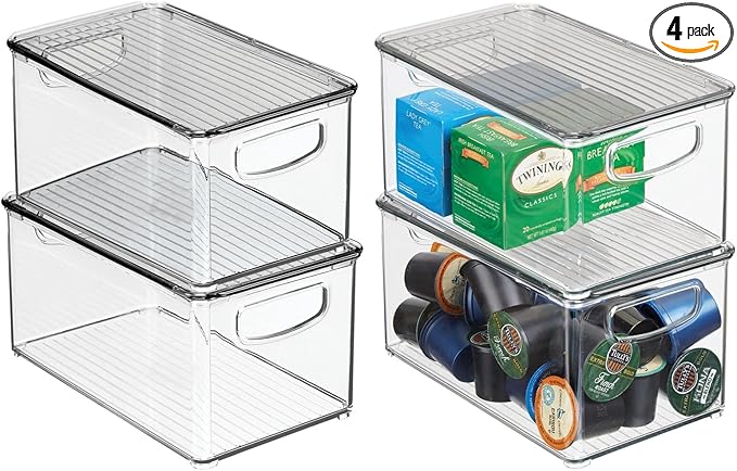 mDesign Plastic Deep Storage Bin Box Container with Lid and Built-In Handles - Organization for Fruit, Snacks, or Food in Kitchen Pantry, Cabinet, Cupboard, Ligne Collection, 4 Pack, Clear/Smoke Gray