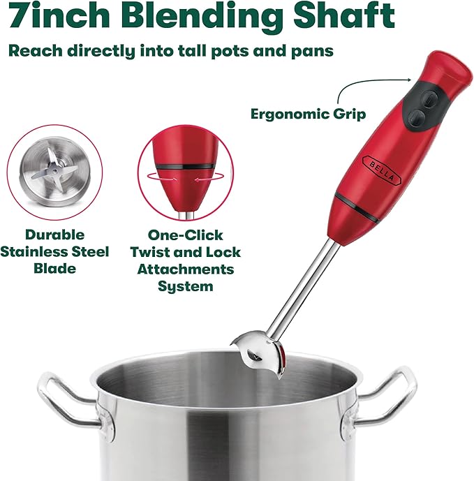 BELLA 2-Speed Hand Immersion Blender with Whisk Attachment, 250 Watt, Red, Immersion Blender with Dishwasher Safe Whisk & Blending Attachments for Food Prep (14460)