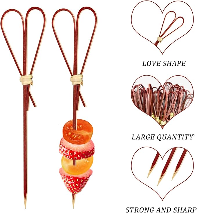 500 Pieces Red Heart Shaped Bamboo Sticks Long Toothpicks for Appetizers Cocktail Picks for Drinks 4.7 Inch Bamboo Skewers for Appetizers Charcuterie Boards Accessories