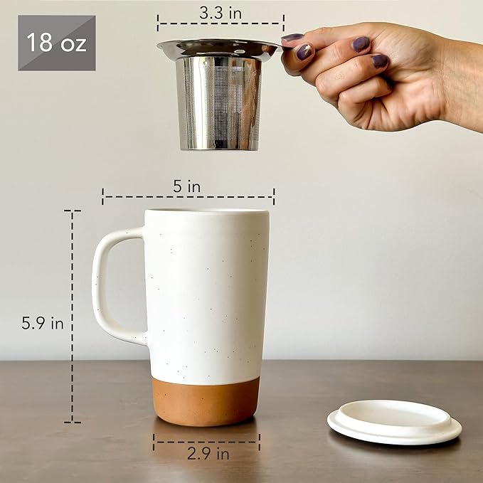Mora Ceramics Large Tea Mug with Loose Leaf Infuser and Ceramic Lid, 18 oz, Portable, Microwave and Dishwasher Safe, Tall Coffee Cup - Rustic Matte Ceramic Glaze, Modern Herbal Tea Strainer, Cotton