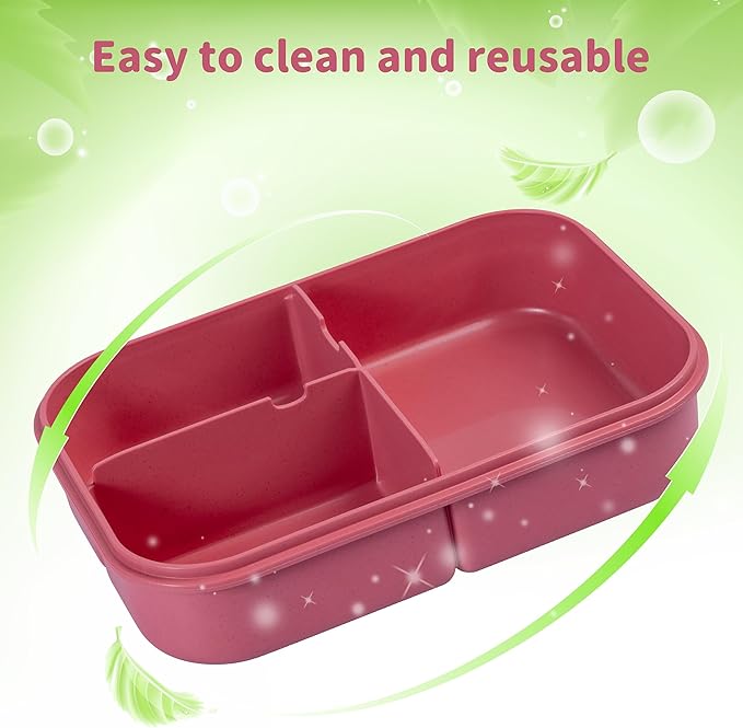 Wheat Straw Lunch Box, Leakproof Bento Box for Kids Adults, Lunch Containers with 3 Compartments BPA-Free Microwave Safe (Pink, 5.5 cup)