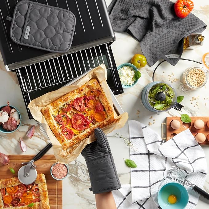 KITCHENAID Quilted Cotton Terry Cloth Oven Mitt, Pot Holder, Kitchen Towel 4-Pack Set, Heat Resistant, Silicone Grip, Gift Set, Charcoal Grey, 16"x26", 7"x13" & 7"x10"