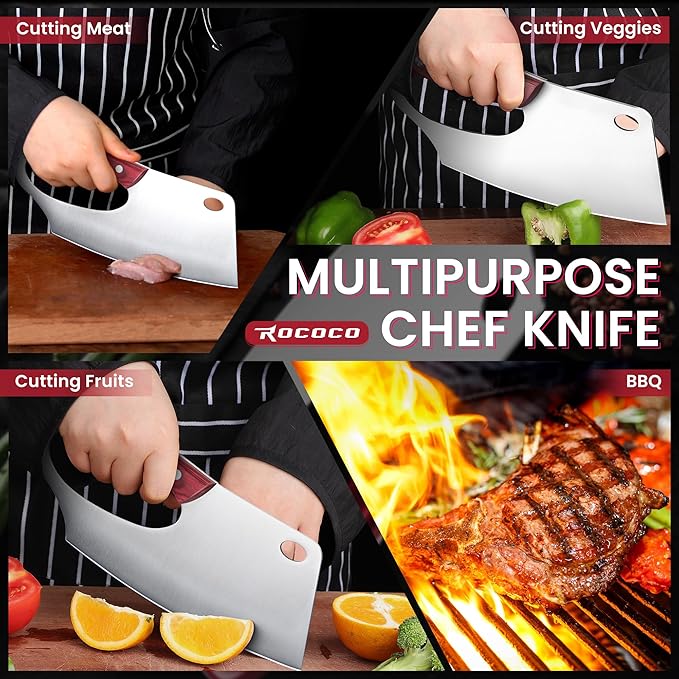 ROCOCO Meat Cleaver Knife Unique Effort Saving Professional Stainless Steel Kitchen Chef Cooking Knives for Cutting Meat Vegetable Thanksgiving Christmas Gift Red Full Tang 7.48"
