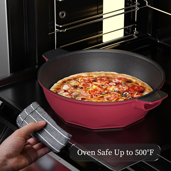 TIBORANG 8 in 1 Multipurpose 11 Inch 5 Quart Heat Indicator Nonstick Deep Frying Pan with Glass Lid,Stay-cool Handle,Steamed Grid,PFOA-Free,Dishwasher&Oven Safe,Works with All Stovetops(Ruby Red)