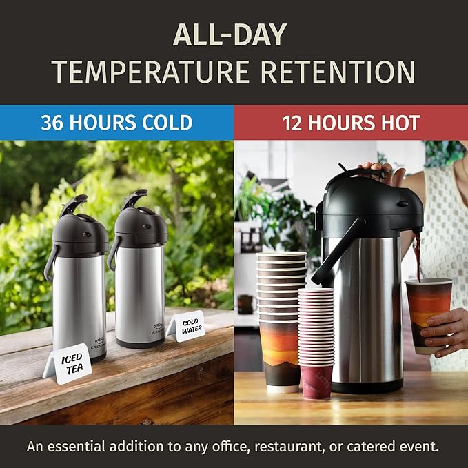 Cresimo Coffee Carafe with Pump - 102oz / 3L Airpot 12 Hours Large Hot Water Carafe, Cocoa Dispenser for Parties - Tea Flask, Insulated Stainless Steel Airpots for Hot Beverage Dispenser -Coffee Pump