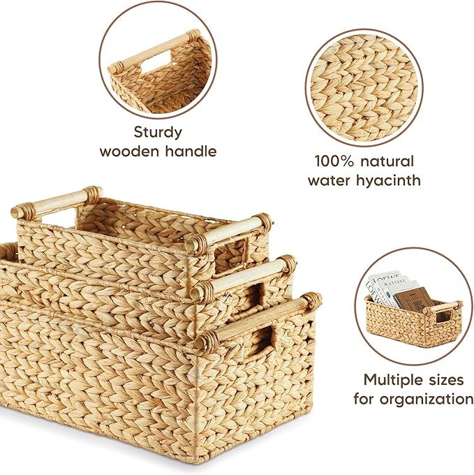 Greenatural Water Hyacinth Storage Baskets Set of 3, Handwoven Rectangular Organizer with Wooden Handles, 3 Different Sizes, Nested Wicker Bins for Shelf, Bathroom, Kitchen, Office, Natural Home Decor