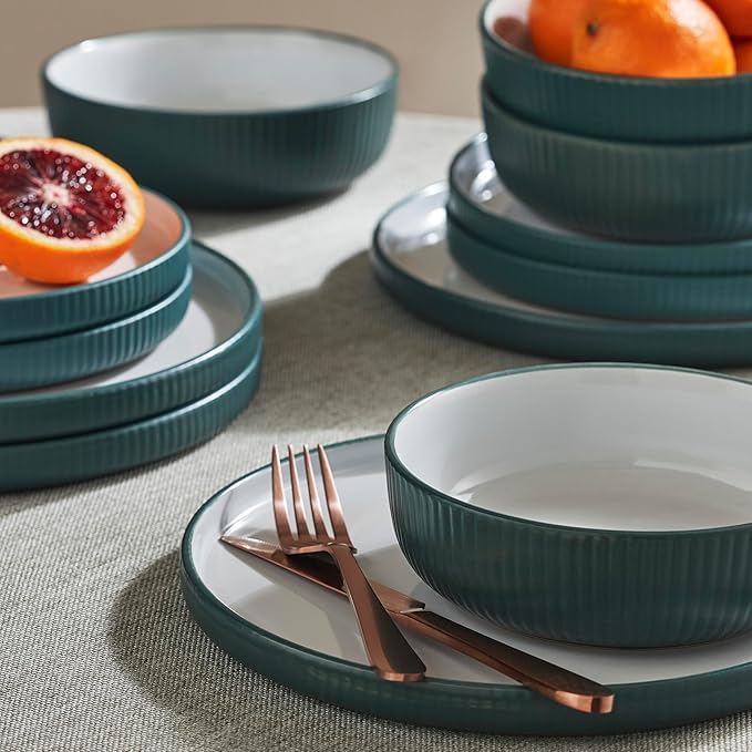 Christian Siriano Laro 24-Piece Stoneware Dinnerware Set, Plates and Bowls Set, Microwave and Dishwasher Safe, Dish Set for 8, Green