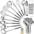 Pleafind Stainless Steel Cooking Utensils Set, 13 Pcs Heat Resistant Kitchen Utensils Set, Nonstick Kitchen Tools Set With Utensil Holder, Metal Spatula Set for Chef, Dishwasher Safe