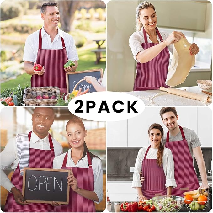 2 Pack Adjustable Bib Apron with 2 Pockets Chef Cooking Kitchen Restaurant Aprons for Women Men