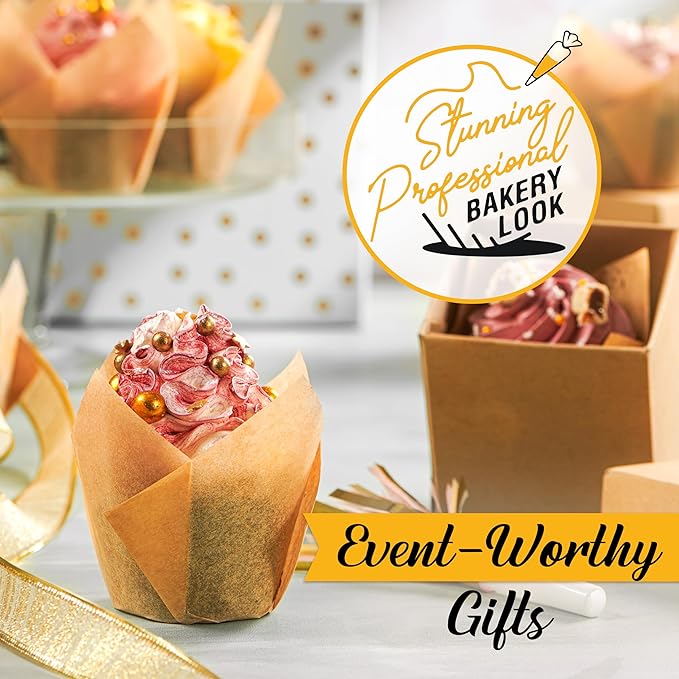 Tulip Cupcake Liners, Muffin Liners for Baking by Baker’s Signature – 200pcs of Parchment Paper Cups Cupcake Wrappers – Perfect Size, Sturdy, Greaseproof & Easy to Use – Wedding Decor – Natural Brown