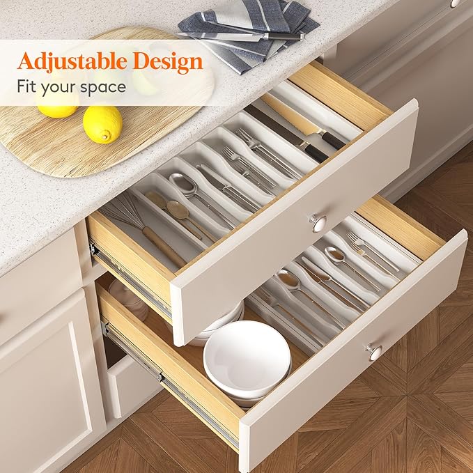 Lifewit Silverware Drawer Organizer and Utensil Organizer Set, Expandable Cooking Cutlery Tray for Kitchen, Adjustable Plastic Flatware Holder Storage Divider for Spoons Forks Knives, Large, White