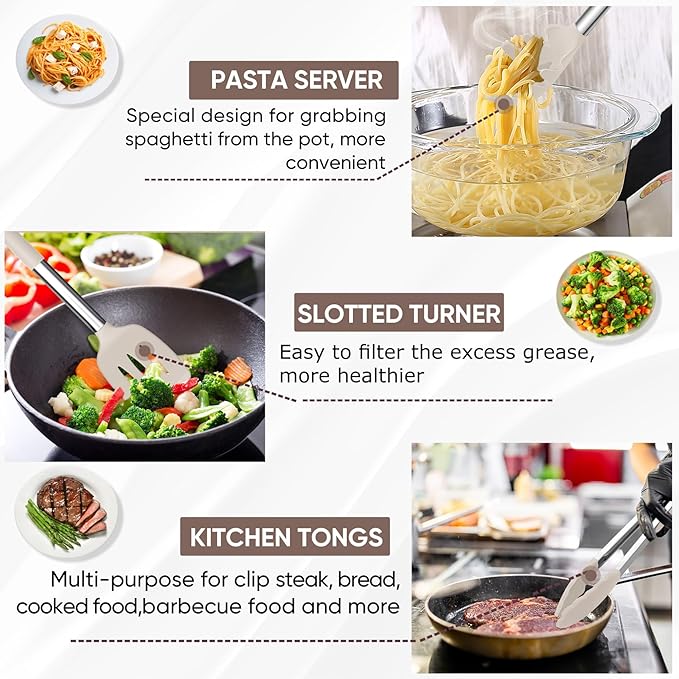 TeamFar Kitchen Utensils Set of 8, Silicone Utensils Kitchen Tools Set with Stainless Steel Handle, for Frying Serving Flipping Draining, Non-toxic & Heatproof, Nonstick & Dishwasher Safe - Khaki