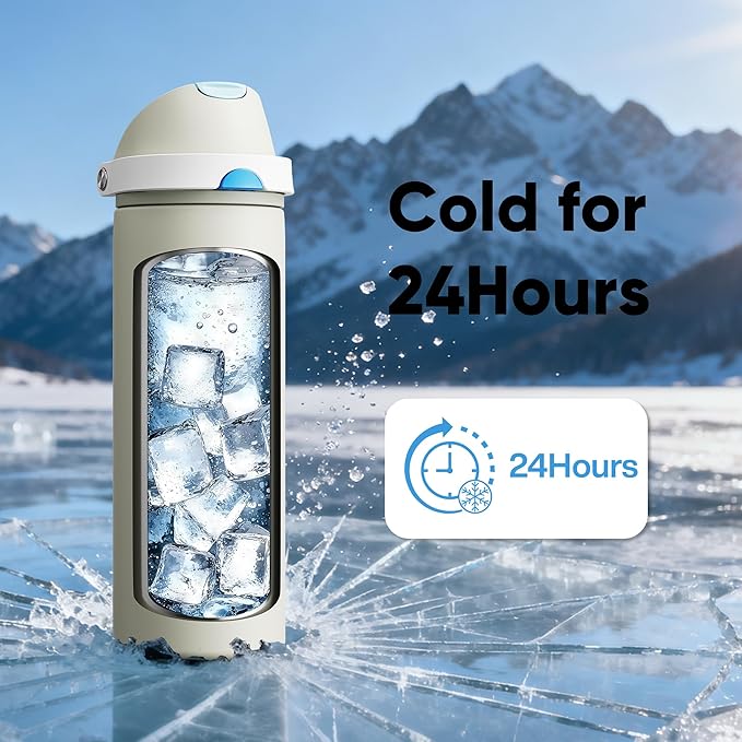 Insulated Water Bottle with Straw - Encool Stainless Steel Water Bottle with Push Button Lid, Leak-Proof & BPA-Free, Keeps Cold for 24 Hours for Sports, Travel, Gym (24 oz, Kangaroo Grey)