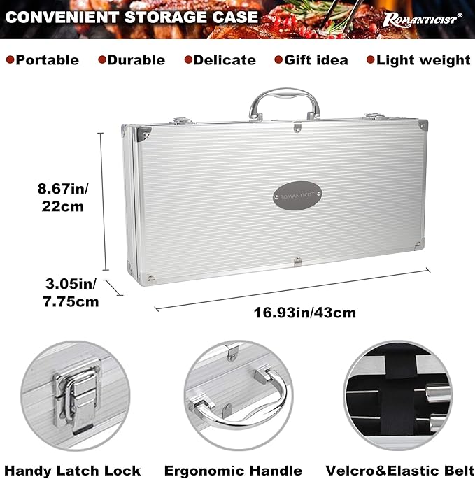 ROMANTICIST 21pc BBQ Grill Accessories Set with Thermometer - The Very Best Grill Gift on Birthday Wedding - Heavy Duty Stainless Steel Grill Utensils with Non-Slip Handle in Aluminum Case