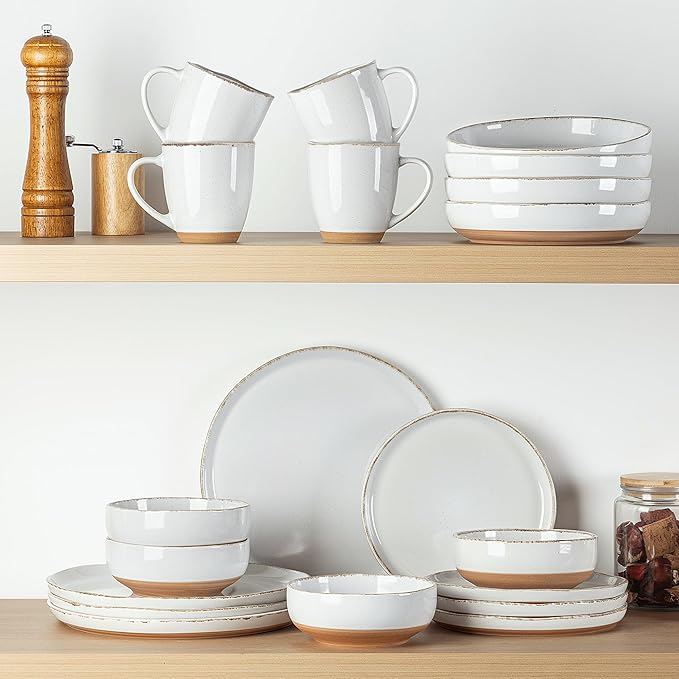 AmorArc 18 Pieces Ceramic Dinnerware Sets for 6, Handpainted Stoneware Plates and Bowls Set with Rustic Terracotta Underside, Scratch Resistant Dishes Set, Dishwasher & Microwave Safe, White