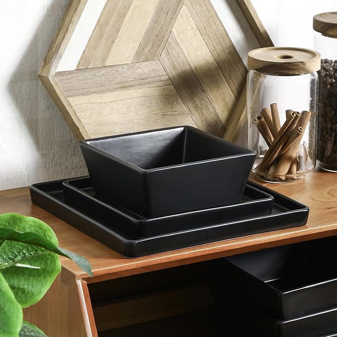 Stone Lain 24 Pieces Stoneware Square Dinnerware Set, Black Matte