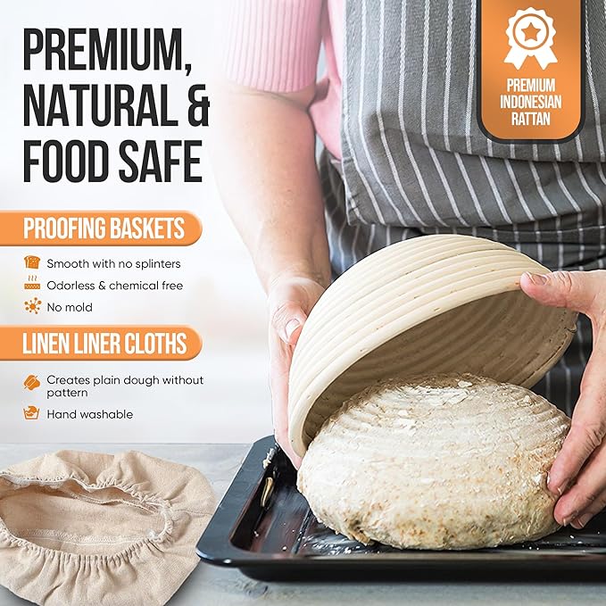 Banneton Bread Proofing Basket - Sourdough Bread Baking Supplies – Sourdough Starter Kit – Sourdough Proofing Basket Gift for Bakers - Round Bread Basket (9 Inch)