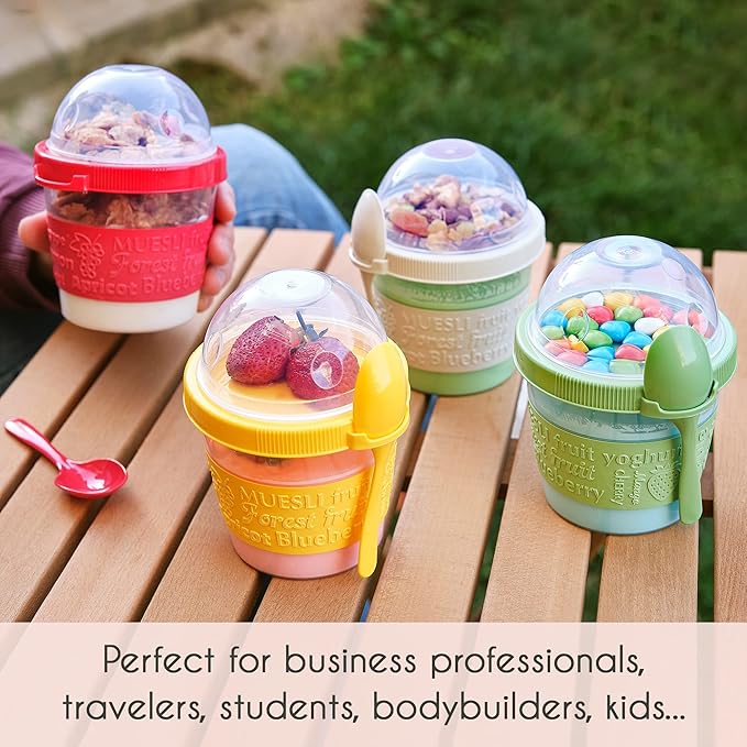 Crystalia Yogurt Parfait Cups with Lids, Mini Breakfast On the Go Plastic Bowls with Topping Cereal Oatmeal Container with Spoon for Lunch, Portable & Reusable, Colorful Set of 4 (Small 17 oz)