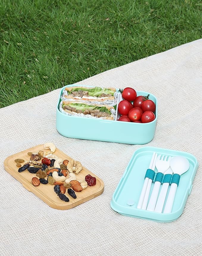 Bento Box for Adult Lunch Containers with Utensils for Men/Women Green - Natural Bamboo Lid, Chopsticks, Microwave Safe, Dishwasher Safe, Bpa Free, Gifts for Women, Cute, Small