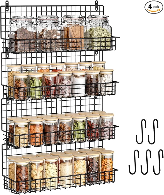 X-cosrack Upgraded Spice Rack Organizer - Wall Mounted Large 4-Tier Stackable Spice Storage with 5 Hooks, Holds 80 Jars, for Kitchen Pantry Organization (Patent:D909138S)