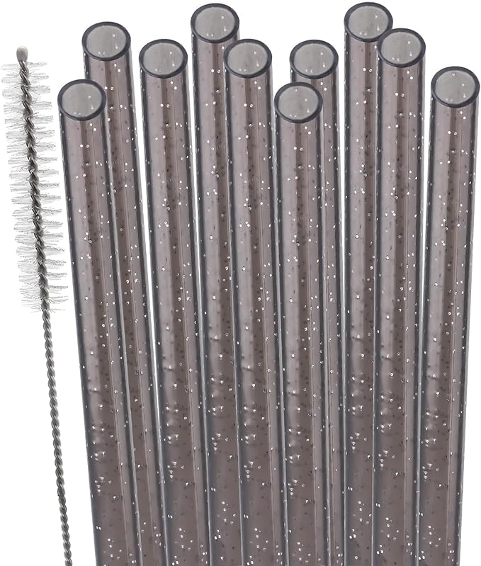 Dakoufish Replacement Glitter Straws for Stanley|Owala|Simple Modern 40oz 30oz Tumbler,10 Pack 12 Inch Reusable Black Straws With Cleaning Brush For Stanley Hydro Jug Cup,Dishwasher Safe