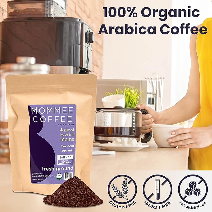 Mommee Coffee - Full Caf | Low Acid, Organic, Fair Trade, Water Processed | Ground, 22oz.