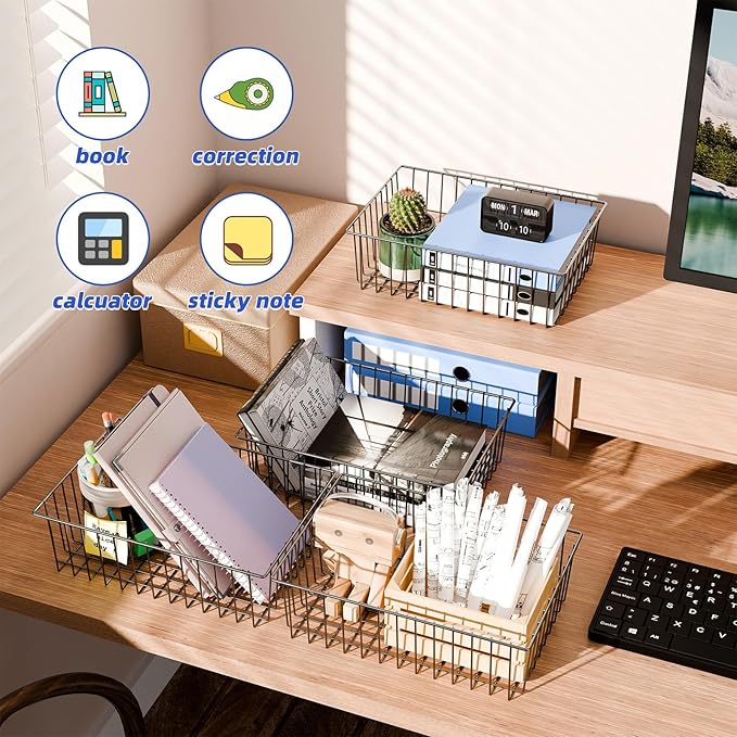 Simple Trending 6 Pack Large Wire Baskets for Organization, Metal Pantry Storage Baskets for Cabinet, Kitchen, Garage, Bathroom, Black