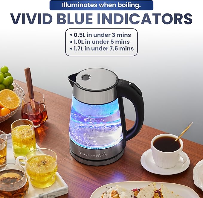 Elite Gourmet EKT-602 Electric BPA-Free Glass Kettle, Cordless 360° Base, Stylish Blue LED Interior, Handy Auto Shut-Off Function – Quickly Boil Water For Tea & More