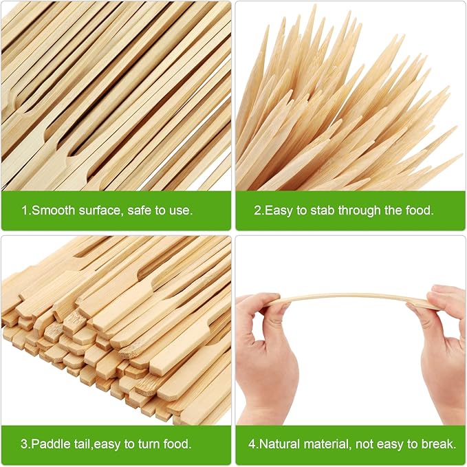 200 PCS Bamboo Skewers for Appetizers, 10 Inch Toothpicks, Cocktail Picks for Drinks, Fruit Kababs, Sausage, Barbecue Snacks, Natural Wooden Paddle Skewer Mini Food Sticks, Charcuterie Accessories