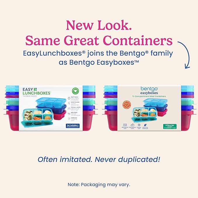 Bentgo Easyboxes - Reusable 5-Compartment Food Containers, Stackable 8-Piece Set, 4 Trays & 4 Lids, BPA-Free Food Storage for Meal Prep, School, & Work; Lunch Boxes w/Patented Design (Jewel Brights)