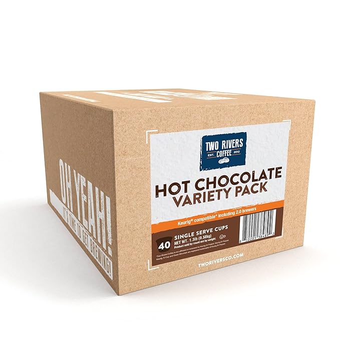 Two Rivers Coffee Hot Chocolate Pods Single Serve Cocoa Variety Sampler Pack Compatible with 2.0 Keurig K-Cup Brewers, 40 Count