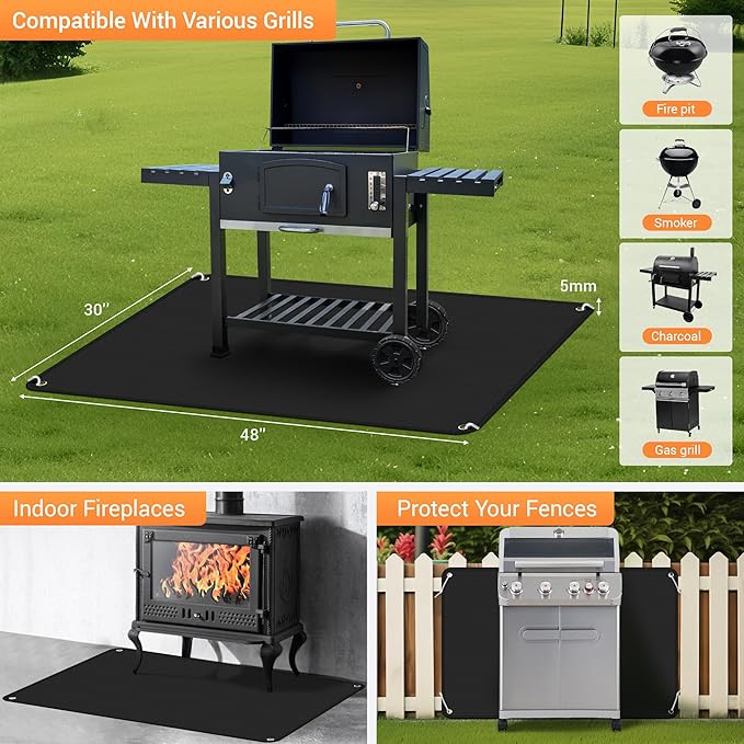 48 x 30 Inch Under Grill Mats for Outdoor Grill, Double-Sided Fireproof Deck and Patio Protector Mat, Fire Pit Mat, Waterproof, Oil-Proof BBQ Mats, Fireproof Floor Pads with Storage Bag