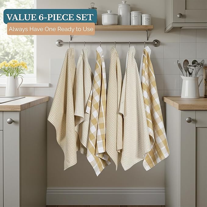 Casa Platino Dish Towels for Kitchen 18" x 28", Dish Towels Set of 6 – Great for Daily Dish Drying, Cooking Prep, and Serving Use, Reliable Kitchen Companions for Spills and Baking Needs- Beige
