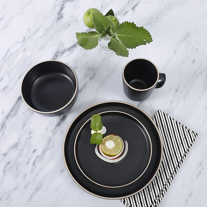 Gibson Home Zuma 16 Piece Round Kitchen Dinnerware Set, Dishes, Plates, Bowls, Mugs, Service for 4, Matte Stoneware, Black