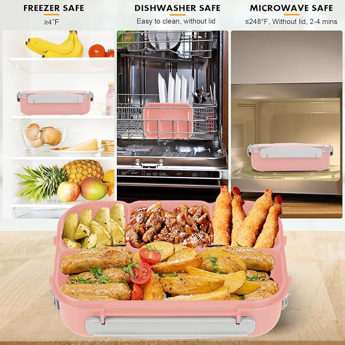 Bento Box Kids, 1300ML Adult Lunch Box with 4 Compartment & Food Picks & Cake Cups, Leak-Proof, Microwave/Dishwasher/Freezer Safe (Pink)