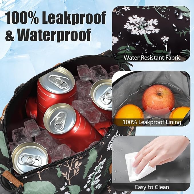 Joymee Lunch Bag Women Insulated Lunch Box Reusable Leakproof Large Spacious Cooler Tote for Women Men Adult with Bottle Holder and Side Pockets for Work Office Travel Picnic -08 Green Leaf