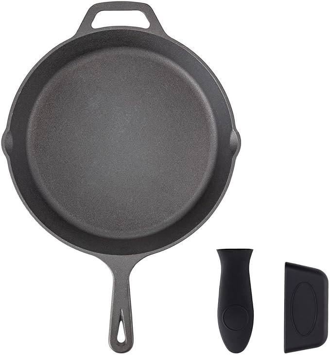 Navaris Cast Iron Skillet - 12 inch Cast Iron Pan - Seasoned Cookware for Frying, Cooking, Oven, Stove Top, Camping - Includes Silicone Handle Covers