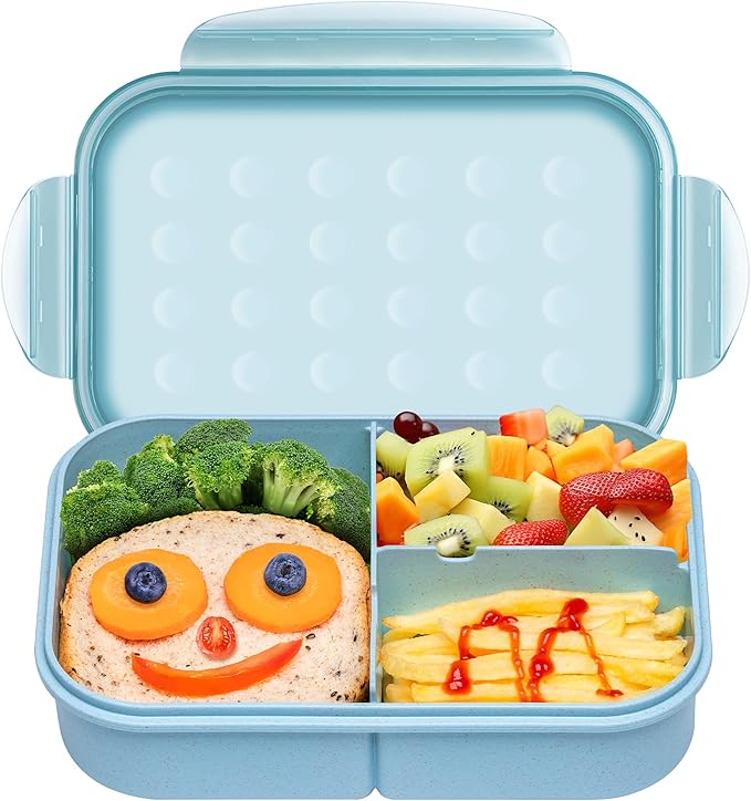 Wheat Straw Lunch Box, Leakproof Bento Box for Kids, BPA-Free Lunch Containers for Adults with 3 Compartments, Microwave Safe (Blue, Regular Size)