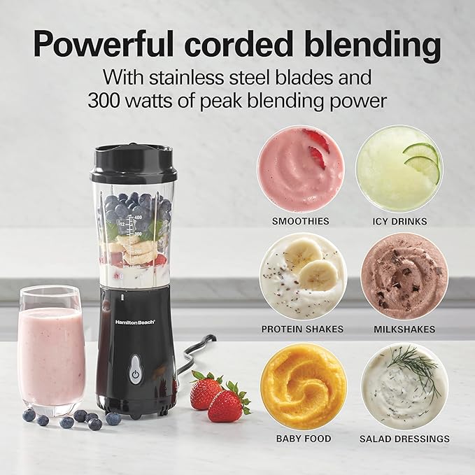 Hamilton Beach Portable Blender for Shakes and Smoothies, 14 Oz BPA Free Travel Cup & Lid, Durable Stainless Steel Blades, Personal Smoothie Blender, Black (51101AG)