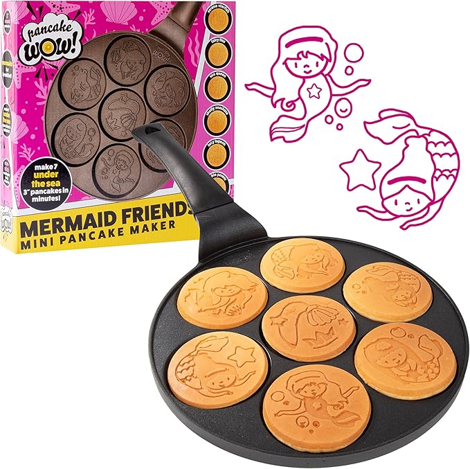 Mermaid Mini Pancake Pan - Make 7 Different Flapjack Mermaids, Nonstick Pan Cake Maker Griddle w Long Handle for Under the Sea Fun & Easy Cleanup, Unique Gift for Girls- Great for Breakfast or Brunch