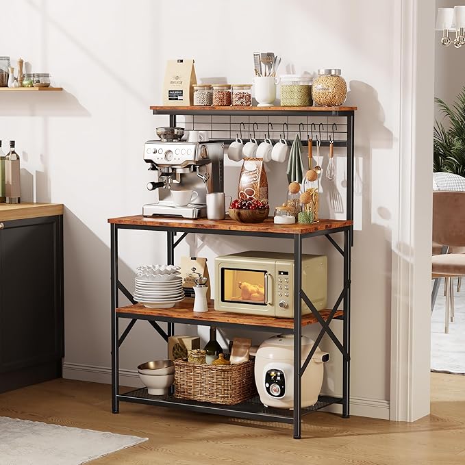 Furologee Kitchen Bakers Rack with Hutch,Coffee Stand with Storage 4 Tiers,Coffee Bar Station with a 31.5 Inch Larger Desktop and 8 S Hooks,Kitchen Microwave Rack for Spices,Pots,Rustic Brown