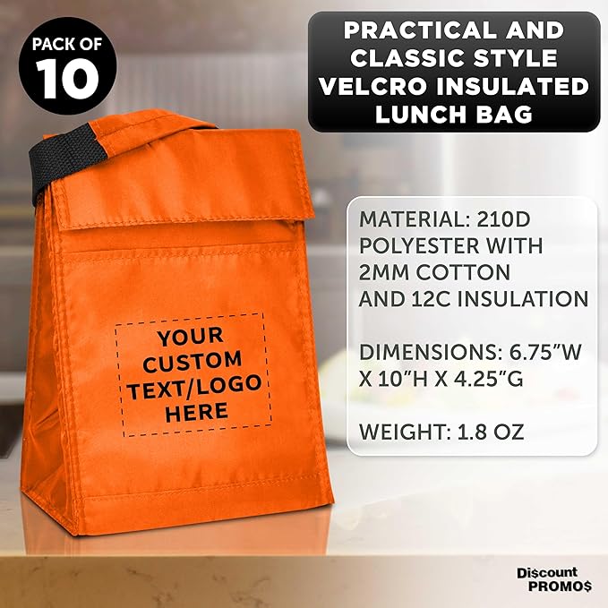 DISCOUNT PROMOS 10 Hook and Loop Insulated Lunch Bags Set - Customizable Text, Logo - Polyester, Durable, Vibrant, Reusable - Orange