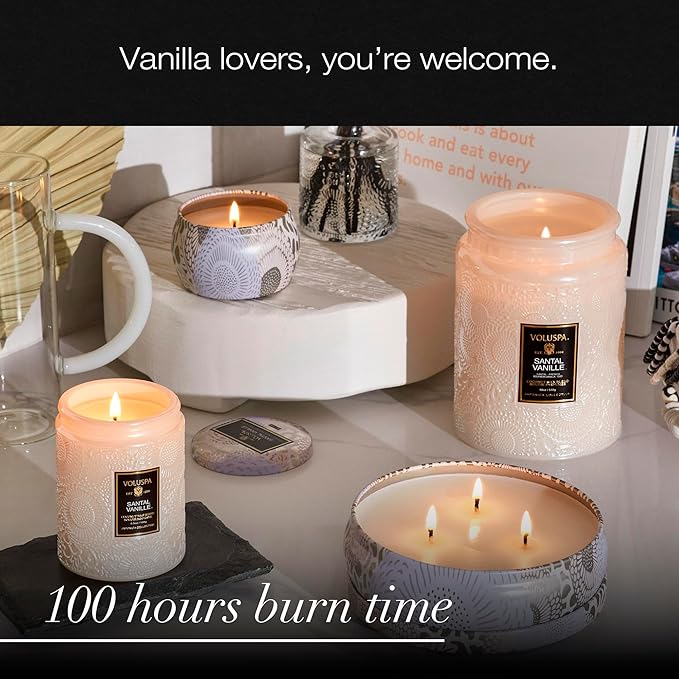 Voluspa Santal Vanille, Large Candle Jar, 18 oz, 100 Hour Burn Time, Coconut Wax for Clean Burning, Handcrafted in the USA