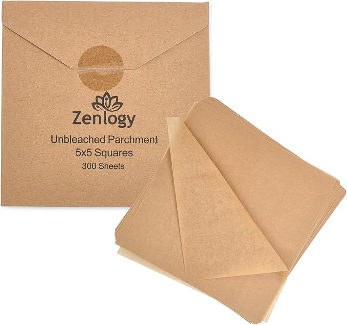 Zenlogy 5x5 Small Parchment Squares (300 sheets) - Unbleached, Non-stick, Pre-cut Parchment Paper- Ideal for Candy Wrappers, Liner Paper, Freezing and Storing, Separating, and Diamond Painting