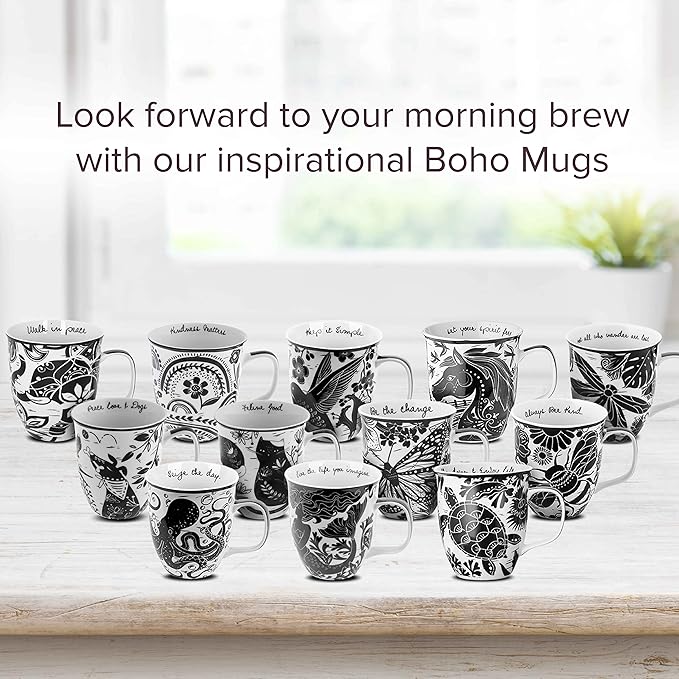 Karma Gifts 16 oz Black and White Boho Mug Horse - Cute Coffee and Tea Mug - Ceramic Coffee Mugs for Women and Men
