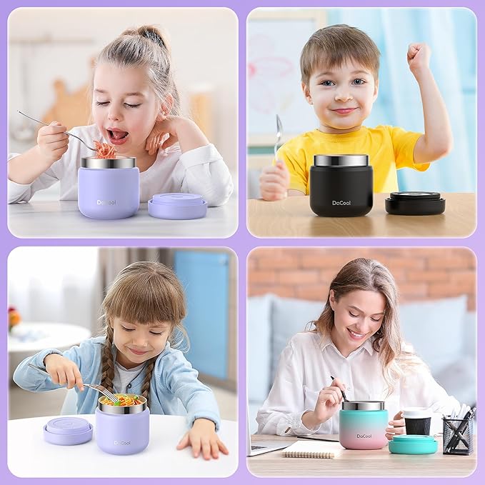 DaCool Kids Thermo for Hot Food 13 OZ Insulated Food Jar Kids Lunch Food Thermo Vacuum Stainless Steel Insulated Lunch Container Bento for School Office Picnic Travel Outdoors, Light-Purple