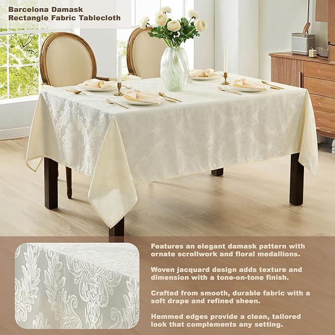 Newbridge Barcelona Luxury Damask Fabric Tablecloth, 60” Wide x 144” Rectangle, Antique White, 100% Polyester, No Iron, Soil Resistant Dining Room, Party and Banquet Table Cover
