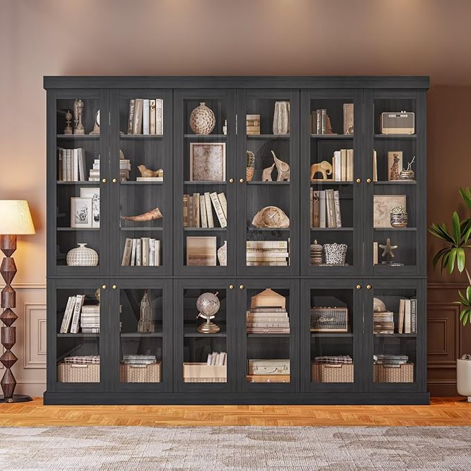 70.8" Bookshelf with Glass Doors, Farmhouse Modular Bookcase with 6-Tier Adjustable Shelves, Large Storage Cabinet for Living Room & Home Office, Set of 3, Black