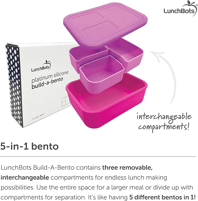LunchBots Build -a- Bento Lunch Box, Silicone Bento Box for Kids, Multi-Compartment Lunch Container, Oven & Dishwasher Safe, BPA Free, 32 oz - Tie Dye Pink