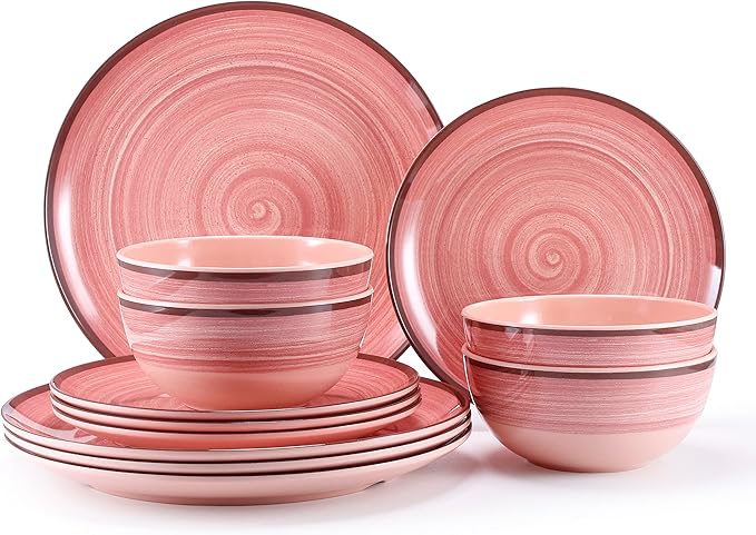 12Pcs Melamine Dinnerware Set, Plates And Bowls Sets for 4, Pink Color Dinnerware Sets, Melamine Plates Bowls Indoor and Outdoor Use Dish Set Dishwasher Safe BPA Free(Pink)